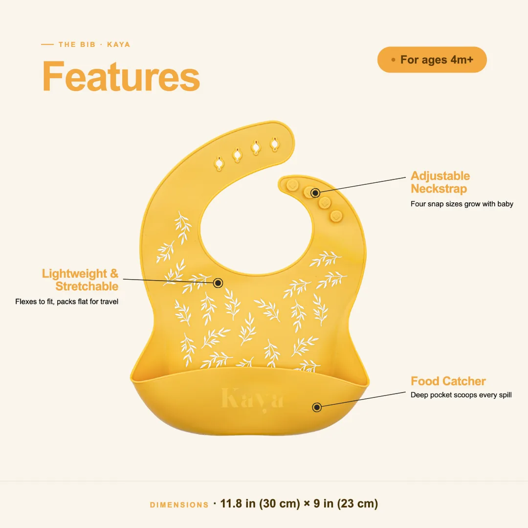 KAYA bib features: adjustable neckstrap, lightweight and stretchable silicone, and a deep food-catcher pocket