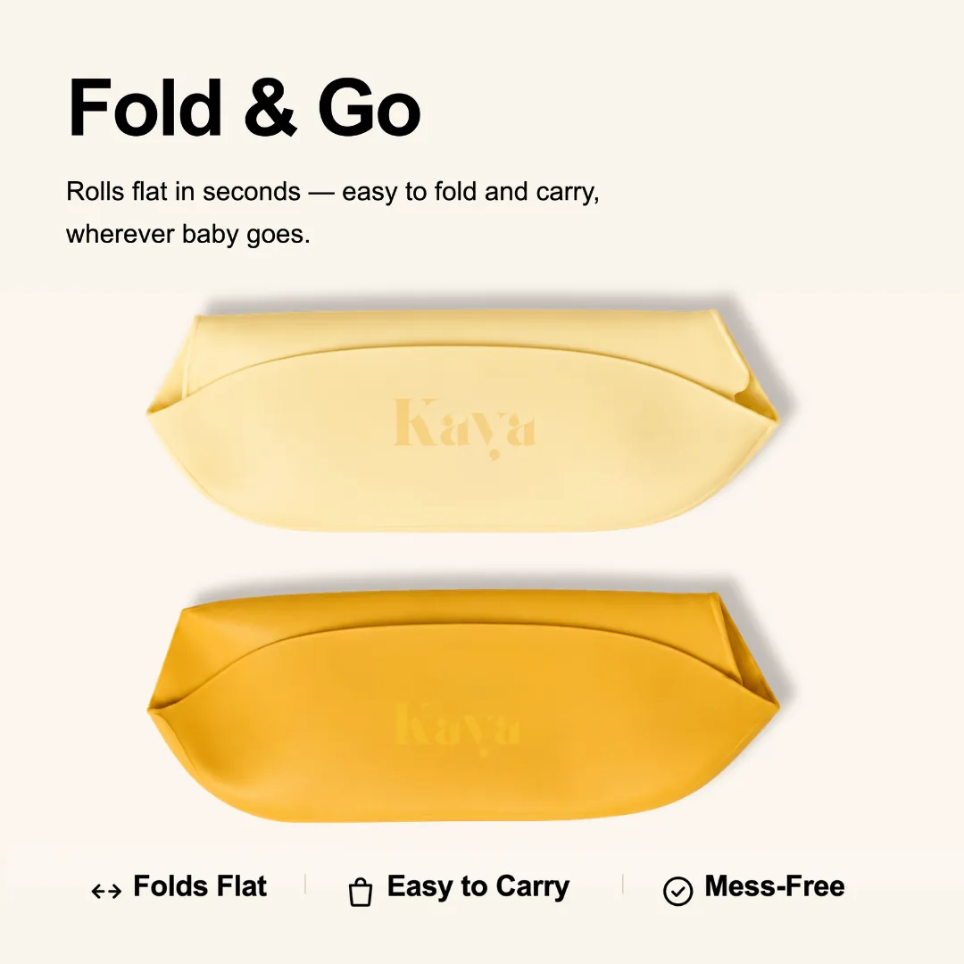 Two yellow KAYA bibs rolled flat to show how they fold small for travel