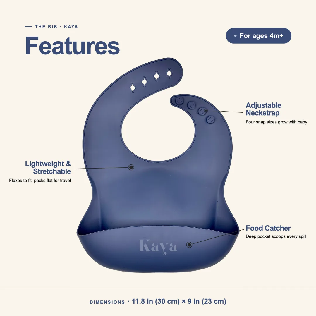 Deep Blue & Lilac Flowers KAYA bib features: adjustable neckstrap, lightweight stretchable silicone and a food-catcher pocket; about 11.8 by 9 inches
