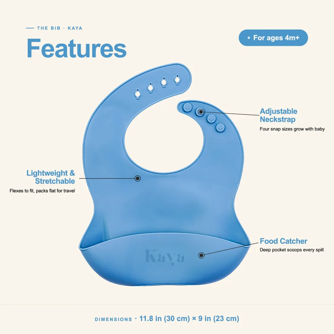 Slate Blue & Checkered KAYA bib features: adjustable neckstrap, lightweight stretchable silicone and a food-catcher pocket; about 11.8 by 9 inches
