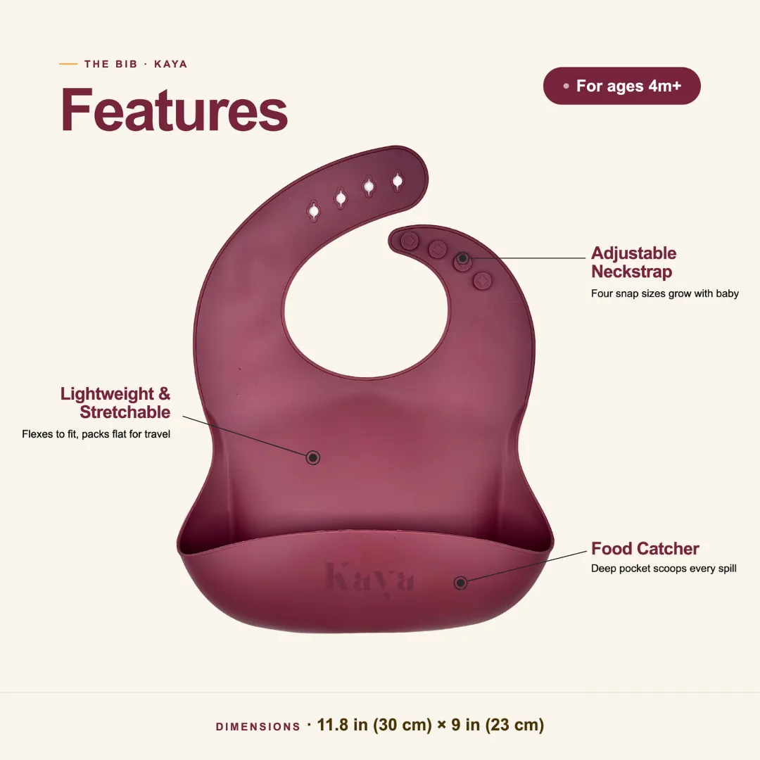 Mauve & Cherry KAYA bib features: adjustable neckstrap, lightweight stretchable silicone and a food-catcher pocket; about 11.8 by 9 inches